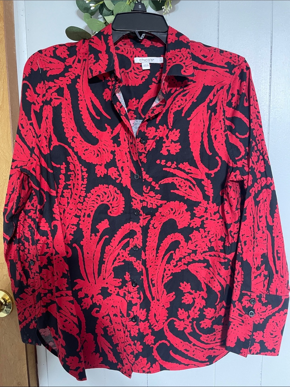 Chico's Black Button-Front Top with Red Paisley Print